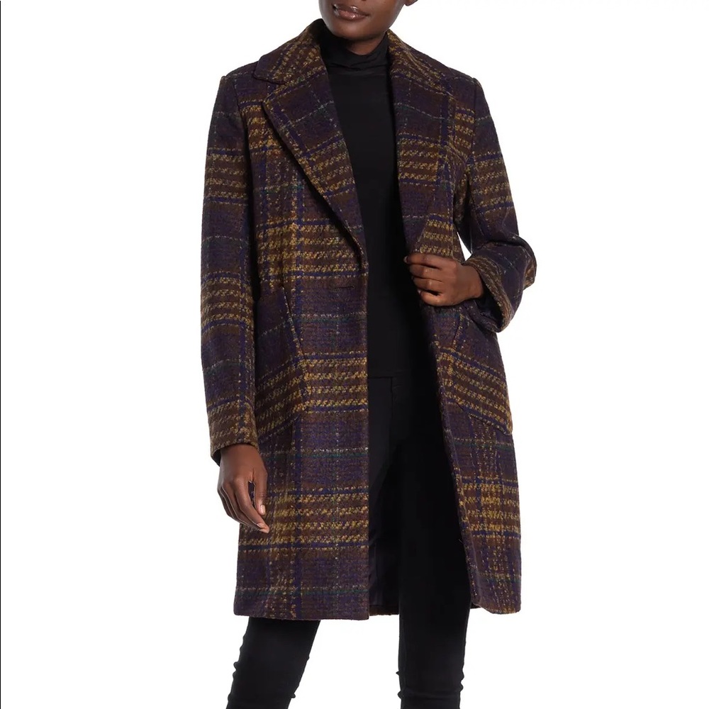 Kensie Plaid Notch Lapel Coat